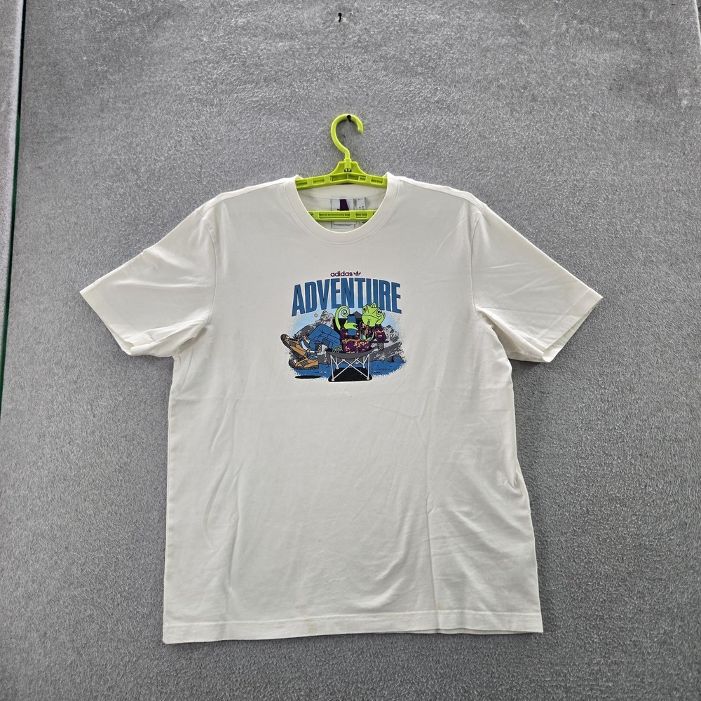 Adidas Men Shirt L White Graphic Print Adventure Camping Logo READ